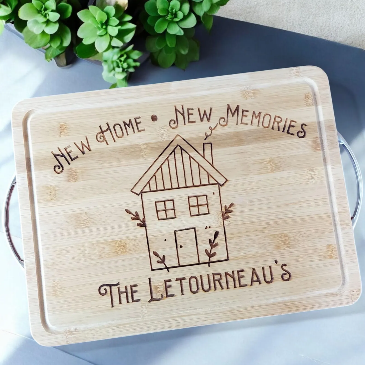 New Home Memories Personalized Cutting Board In Bamboo Or Acacia — Housewarming And Realtor Closing Gift — Family Name And Established Date Kitchen Keepsake