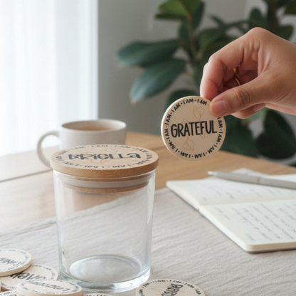 Personalized Affirmation Tokens Set With Optional Glass Jar And Flower Lid, Choose Light Pink Light Purple Light Green Light Blue Or Light Brown, Create Your Own Messages