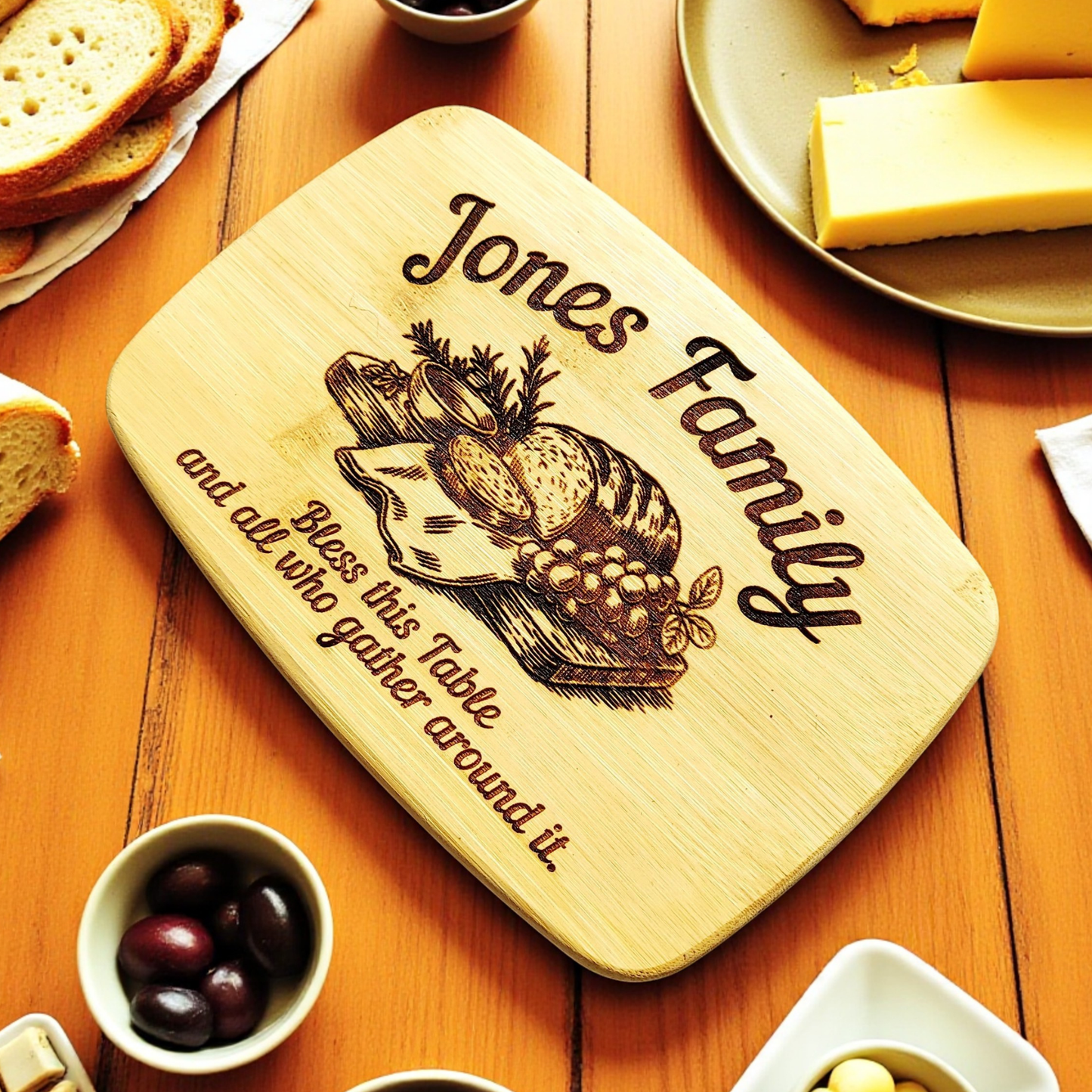 Bless This Table And All Who Gather Around It Engraved Cutting Board In Bamboo Or Acacia Wood For Kitchen Decor, Charcuterie Serving And Meal Prep, Housewarming And Wedding Present, Durable Knife Friendly Surface With Food Safe Finish, Hand Wash Only Care