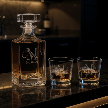 Personalized 750 ML Square Glass Decanter Set With Permanently Marked Design, Dishwasher Safe Barware, Design Your Own Whiskey Or Scotch Decanter