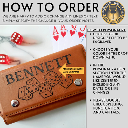 Personalized Leather Card And Dice Set With 2 Decks And 5 Ruby Red Dice For Travel Friendly Poker And Tabletop Play