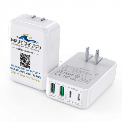 Personalized 40W 4-Port USB-C & USB-A Foldable Wall Charger, Slim Fast Charging Block for Multiple Devices, Home or Office Organization