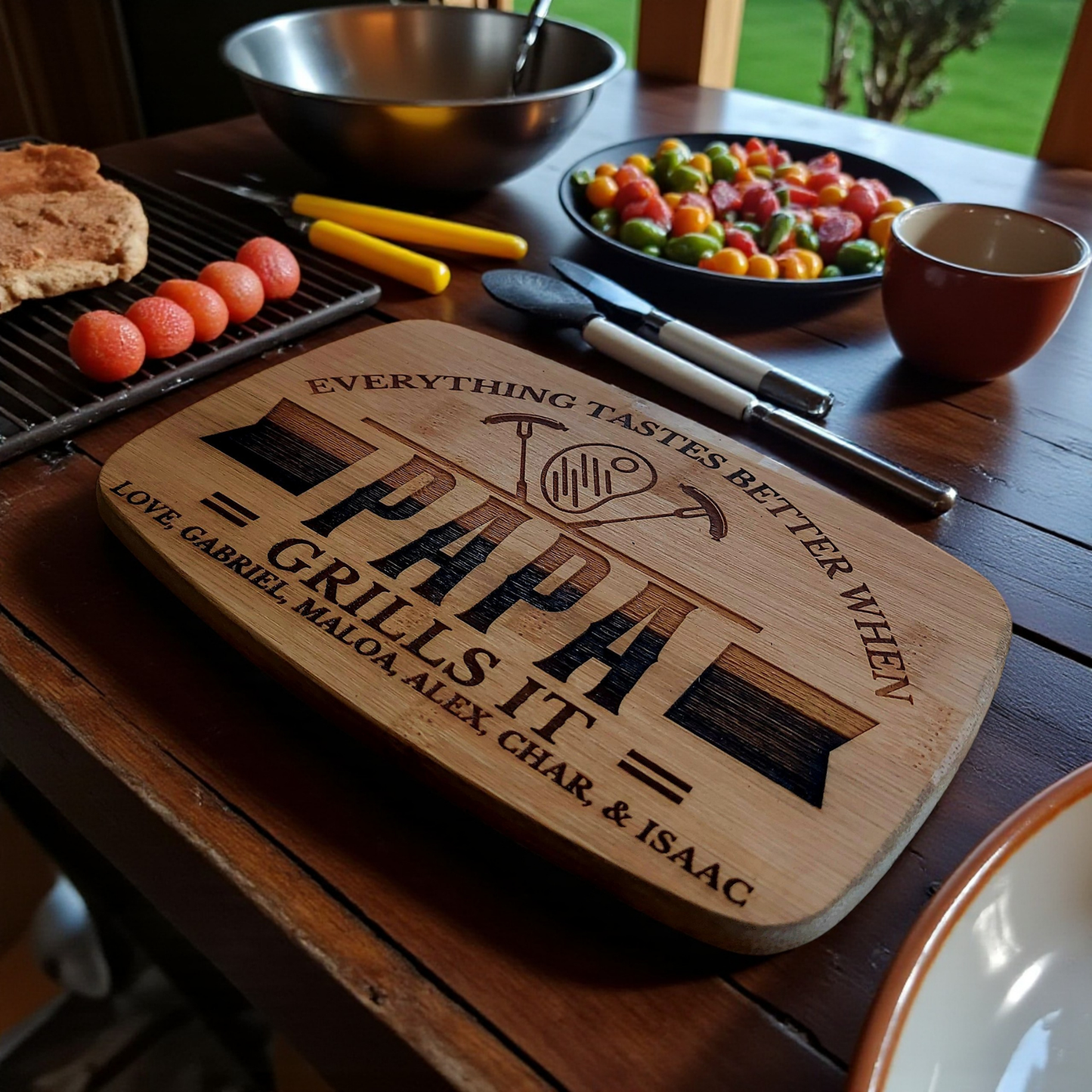 Personalized Papa Grills It Cutting Board In Bamboo Or Acacia Wood, BBQ, Charcuterie, Serving/Chopping Board For Grandpa, Father’s Day, Birthday, Christmas, Any Occasion, Durable Juice Groove Option, One Of A Kind Keepsake For your Grill Master