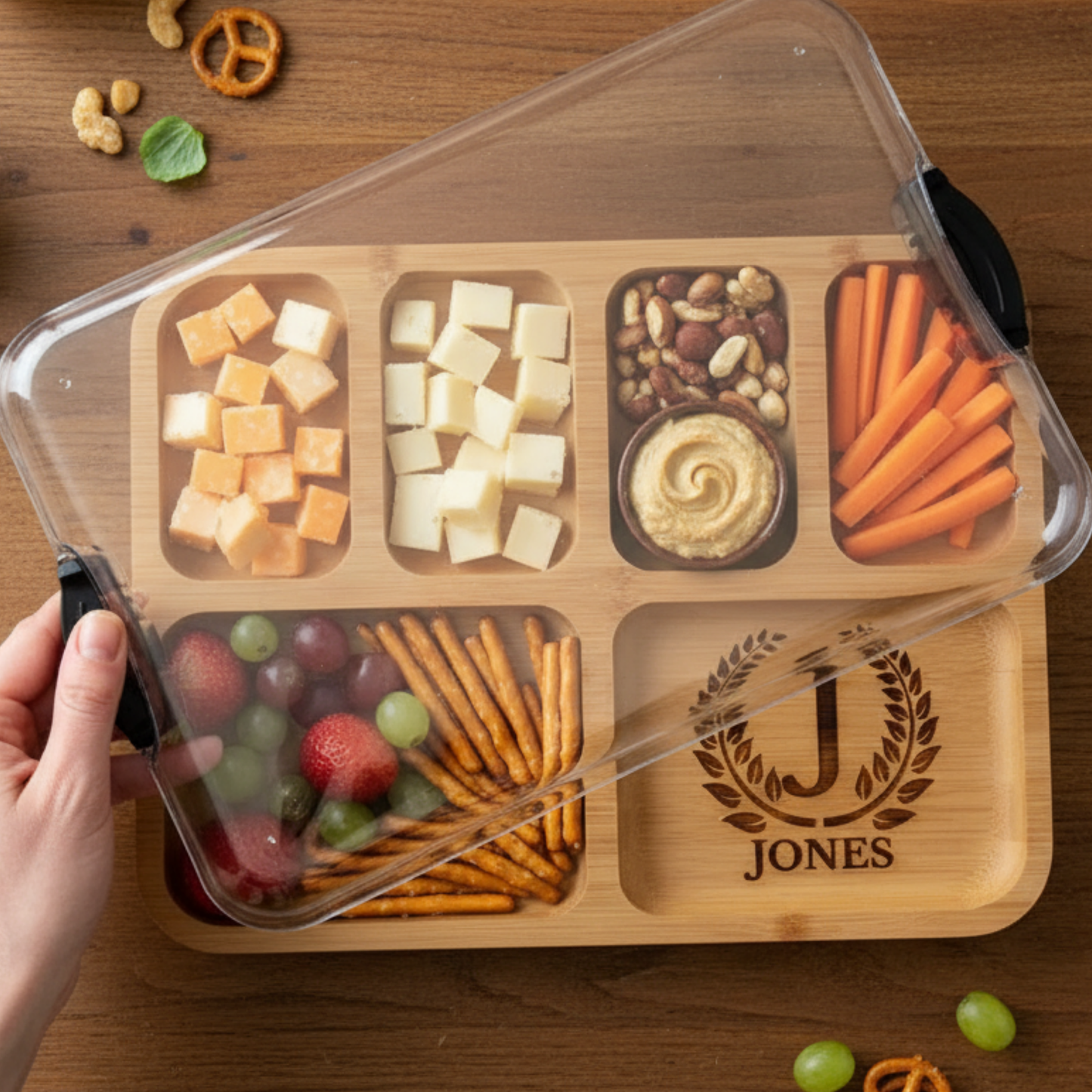 Personalized charcuterie serving build-a-board with secure locking clear plastic lid for easy transport and mess free entertaining