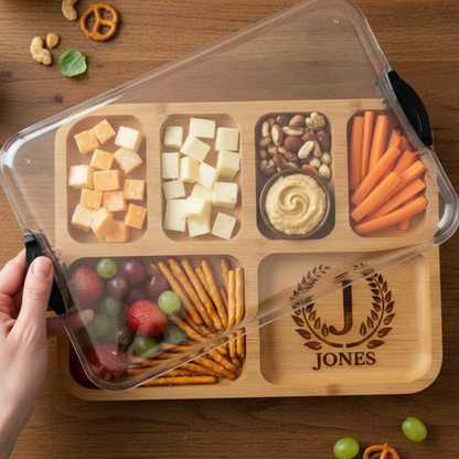 Personalized charcuterie serving build-a-board with secure locking clear plastic lid for easy transport and mess free entertaining