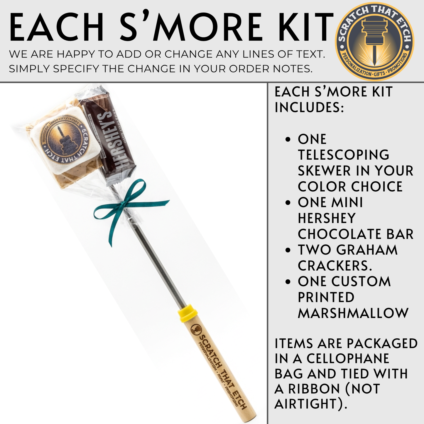 Personalized S'more Kit With 30 Inch Telescoping Roasting Sticks AND Personalized Marshmallows For Bonfires Backyard Gatherings And Camping Parties