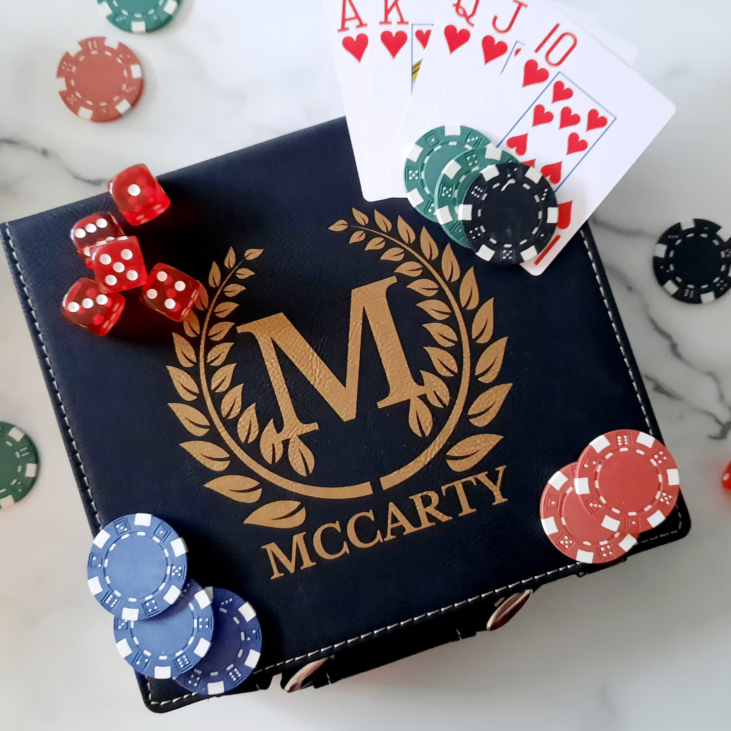 Premium 100 Piece Poker Set In Multiple Colors With leather Case, Clay Composite Chips, Playing Cards, Dealer Button, And Optional Personalized Case