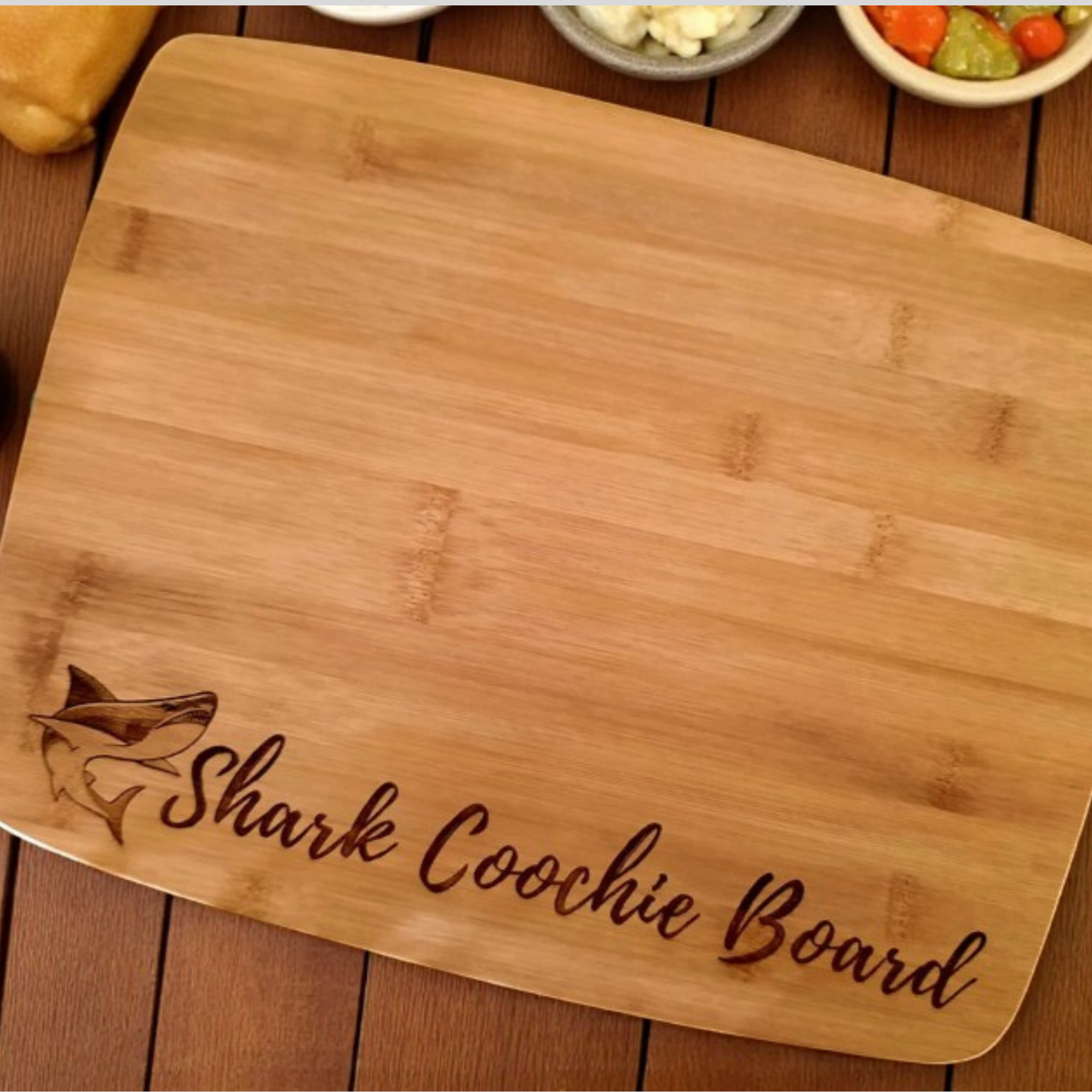 Personalized Sharkcoochie Charcuterie Cutting Board Shark Themed Serving Board In Bamboo Or Acacia For Kitchen Decor And Parties