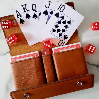 Personalized Leather Card And Dice Set With 2 Decks And 5 Ruby Red Dice For Travel Friendly Poker And Tabletop Play