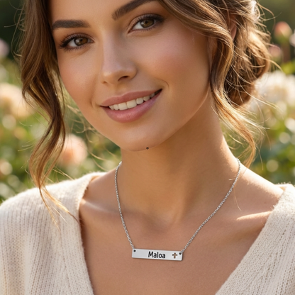 Personalized Cross Cutout Horizontal Bar Necklace In Silver Or Gold With Single Or Double Sided Personalization For Meaningful Faith Jewelry