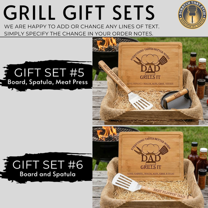 Personalized "Everything Tastes Better When" BBQ Gift Set For Dad Or Grandpa With Bamboo Cutting Board, Meat Claws, Spatula, And Cast Iron Meat Press- Choose Your Gift Set For The Perfect Gift