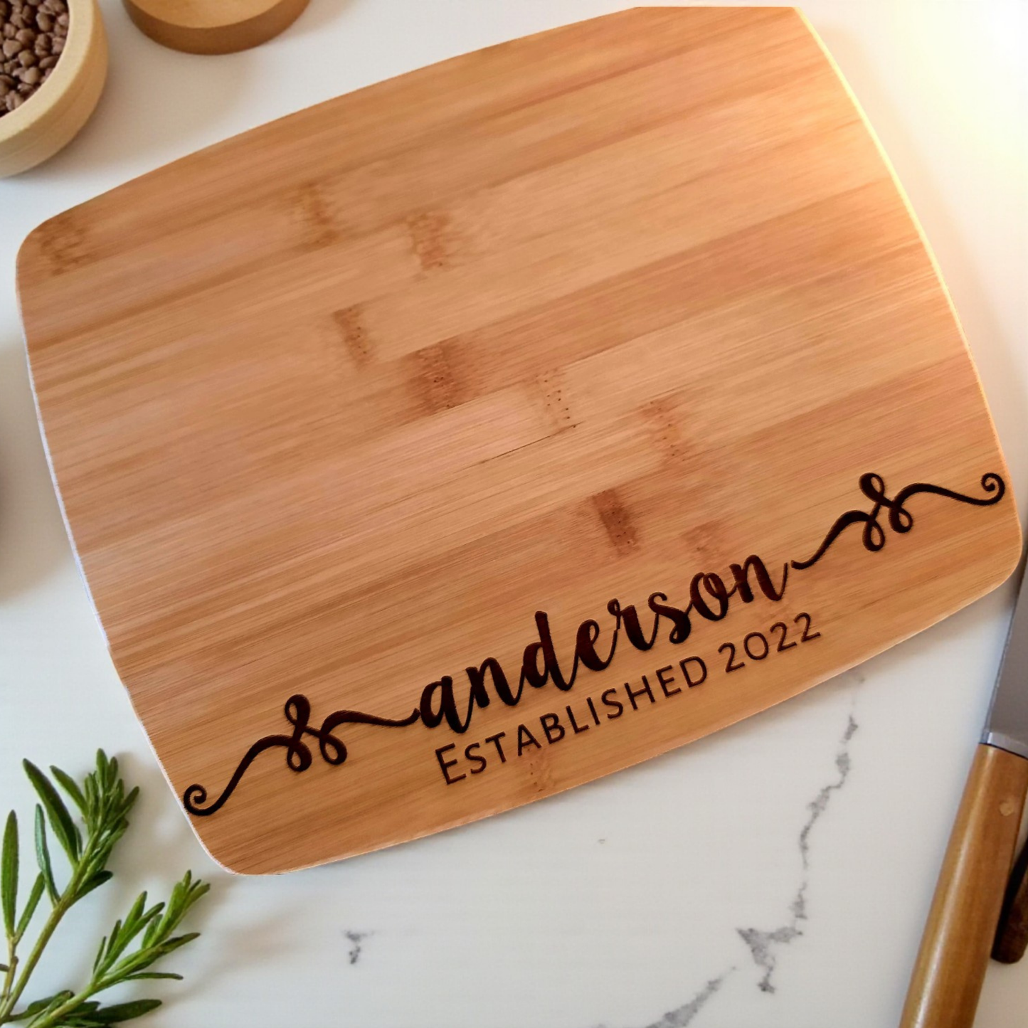 Family Name Personalized Cutting Board In Bamboo Or Acacia — Heirloom Serving Board For Weddings, Housewarmings, And Anniversaries — Kitchen-Ready Keepsake That Elevates Entertaining And Celebrates Your Home