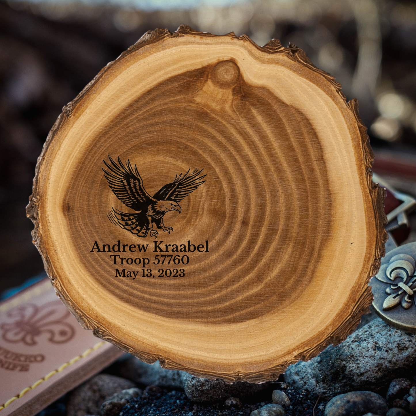 Personalized Scouting Court Of Honor Guest Book On Natural Wood Slice Made In USA Rustic Blue And Gold Keepsake In Medium Or Large