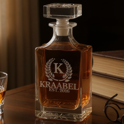 Personalized 750 ML Square Glass Decanter Set With Permanently Marked Design, Dishwasher Safe Barware, Design Your Own Whiskey Or Scotch Decanter