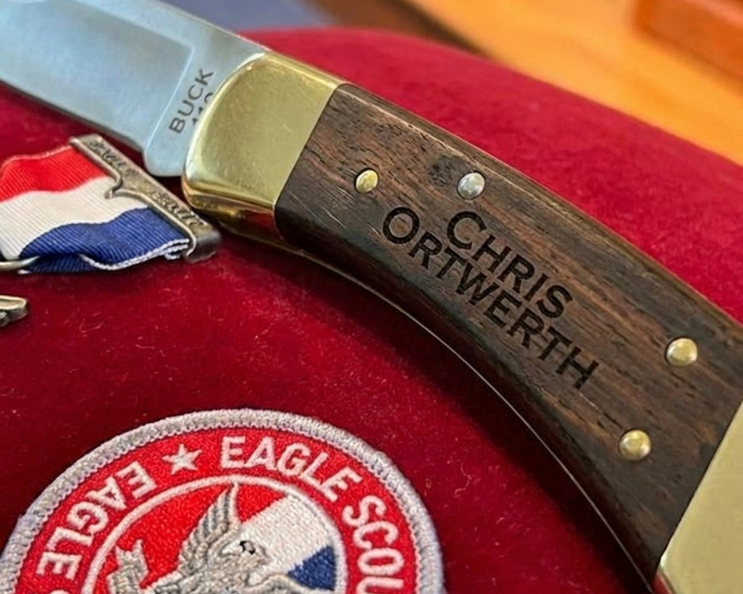 Personalized Buck 110 Folding Hunter Knife 420HC Steel Clip Point Ebony Handle Brass Bolsters With Black Leather Sheath For Camping Hunting And Eagle Scouts