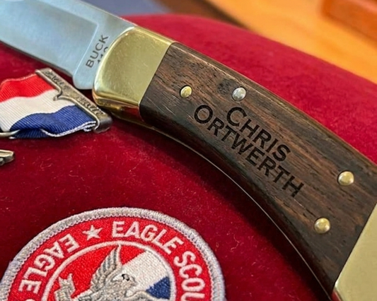 Personalized Buck 110 Folding Hunter Knife 420HC Steel Clip Point Ebony Handle Brass Bolsters With Black Leather Sheath For Camping Hunting And Eagle Scouts