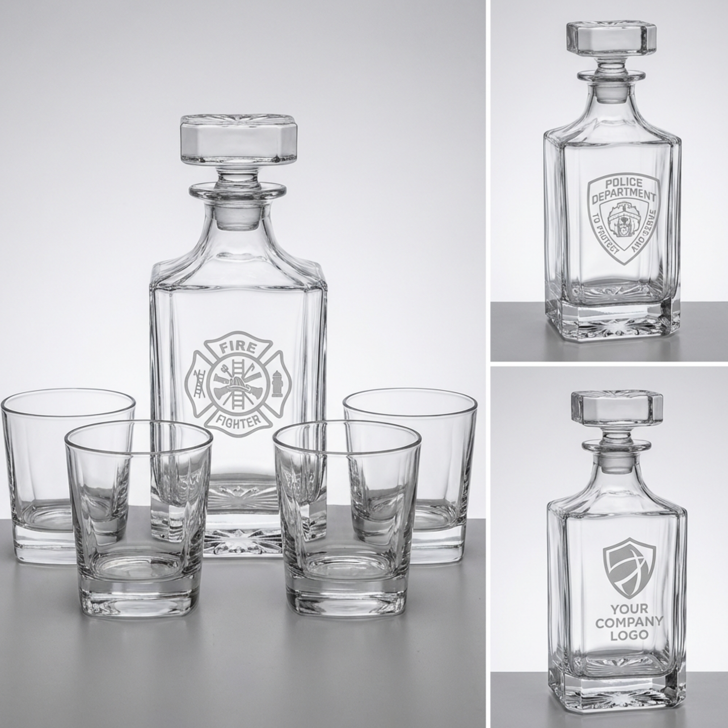 Personalized Decanter Set with 4 Rocks Glasses, Custom Logo Square Glass Decanter, FD PD EMS Retirement Gift or Company Bar Gift