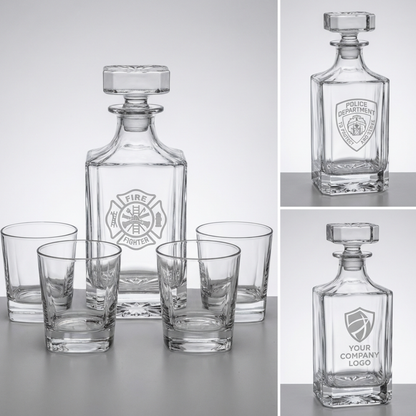 Personalized Decanter Set with 4 Rocks Glasses, Custom Logo Square Glass Decanter, FD PD EMS Retirement Gift or Company Bar Gift