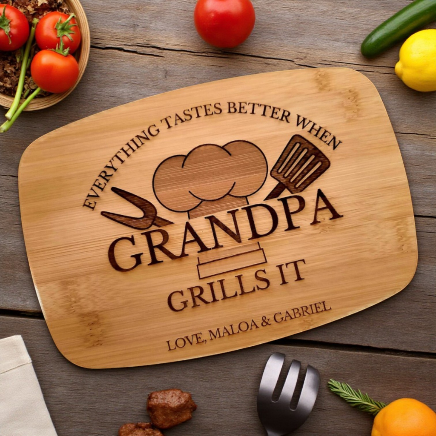 Papa Grills It Personalized Cutting Board With Multiple Design Options For BBQ Lovers, Charcuterie And Serving Board For Dad And Grill Master Kitchen Decor