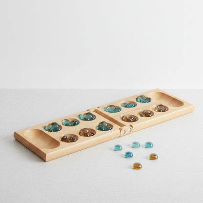 Personalized folding wood mancala game set with blue and brown sowing stones, travel ready board, family game night keepsake by Scratch That Etch