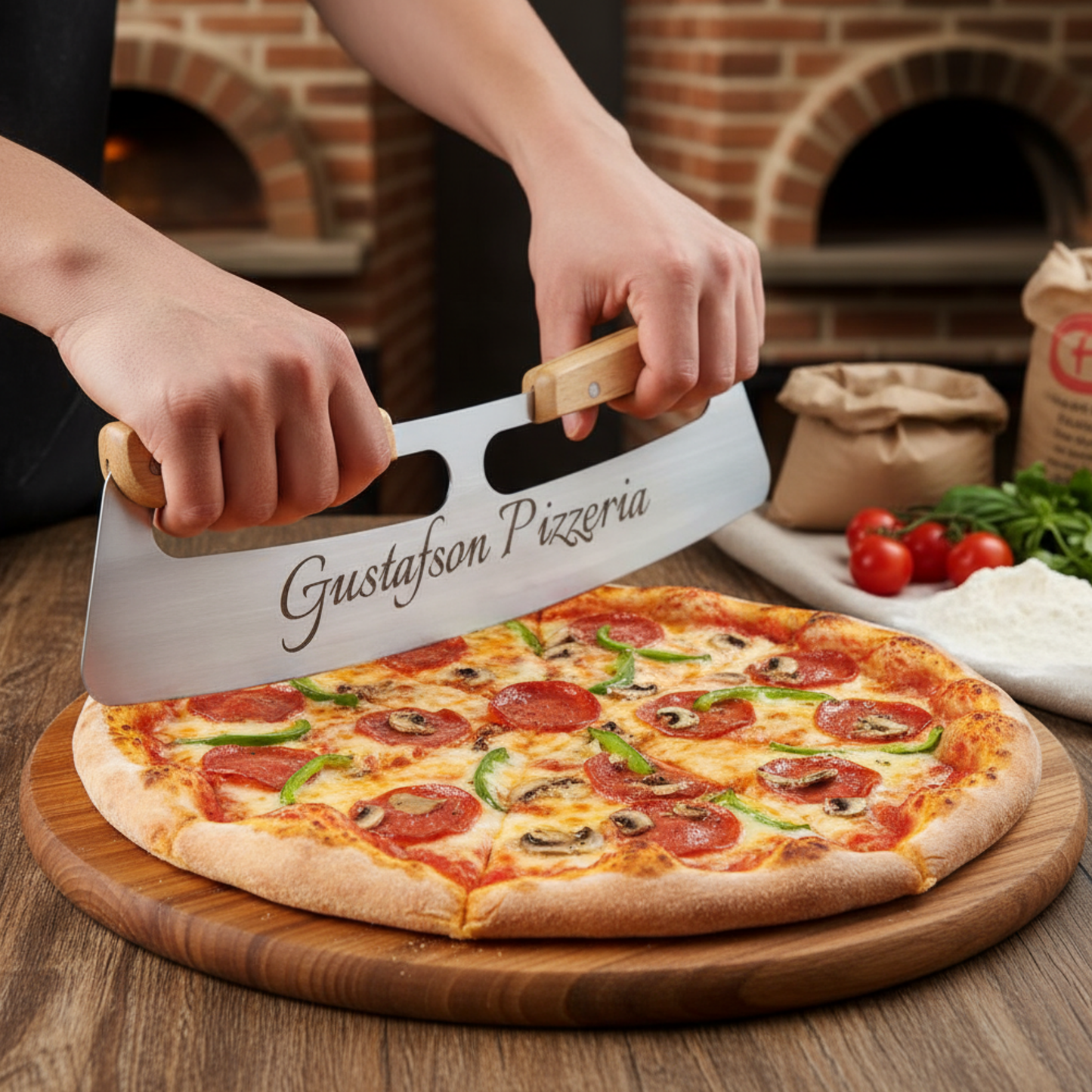 Personalized Rocking Pizza Cutter With Wood Handles And Protective PP Cover For Effortless Slicing And Safe Storage