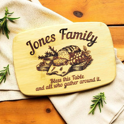Bless This Table And All Who Gather Around It Engraved Cutting Board In Bamboo Or Acacia Wood For Kitchen Decor, Charcuterie Serving And Meal Prep, Housewarming And Wedding Present, Durable Knife Friendly Surface With Food Safe Finish, Hand Wash Only Care