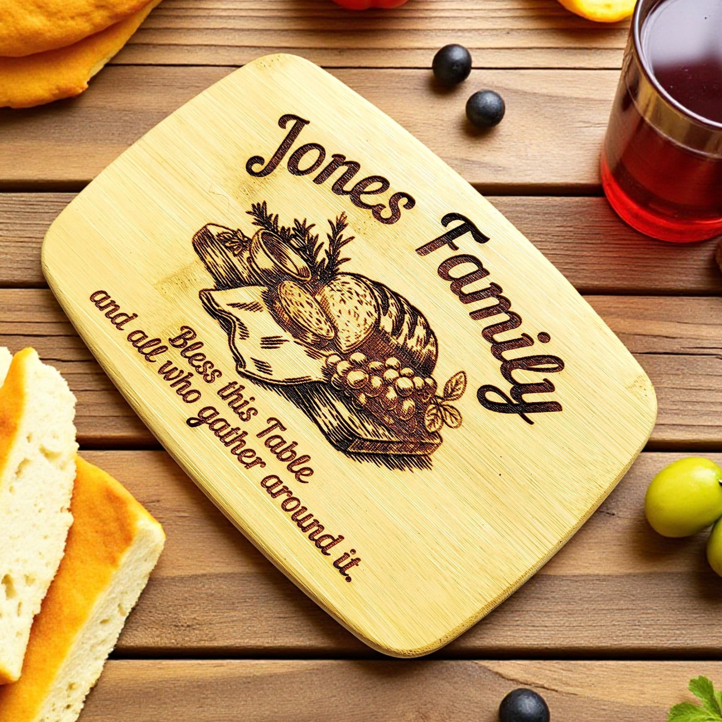Bless This Table And All Who Gather Around It Engraved Cutting Board In Bamboo Or Acacia Wood For Kitchen Decor, Charcuterie Serving And Meal Prep, Housewarming And Wedding Present, Durable Knife Friendly Surface With Food Safe Finish, Hand Wash Only Care