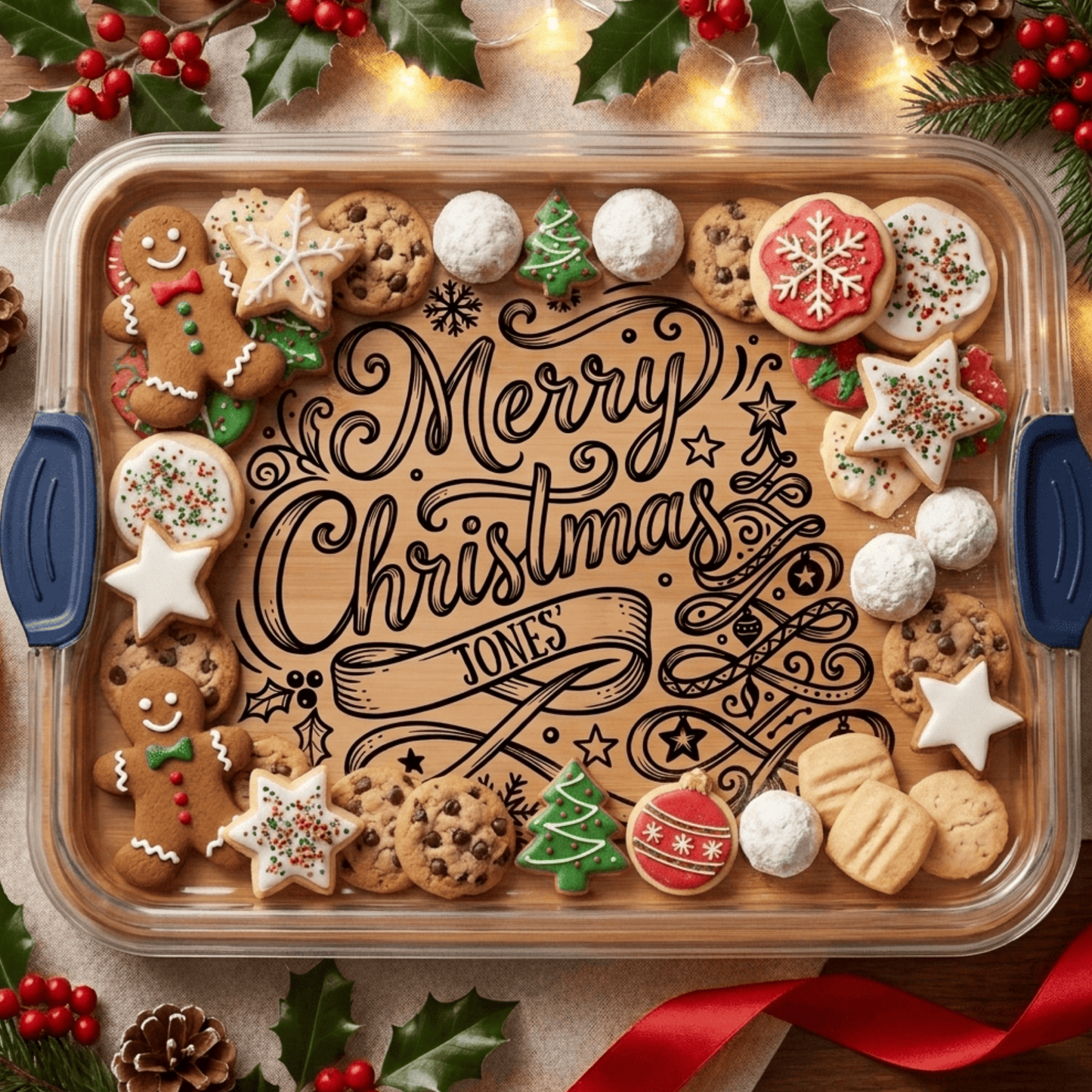 Personalized Christmas Ribbon Tree |  Build-a-Board Cutting Board with Compartments and Clear Locking Lid for Charcuterie, Snacks