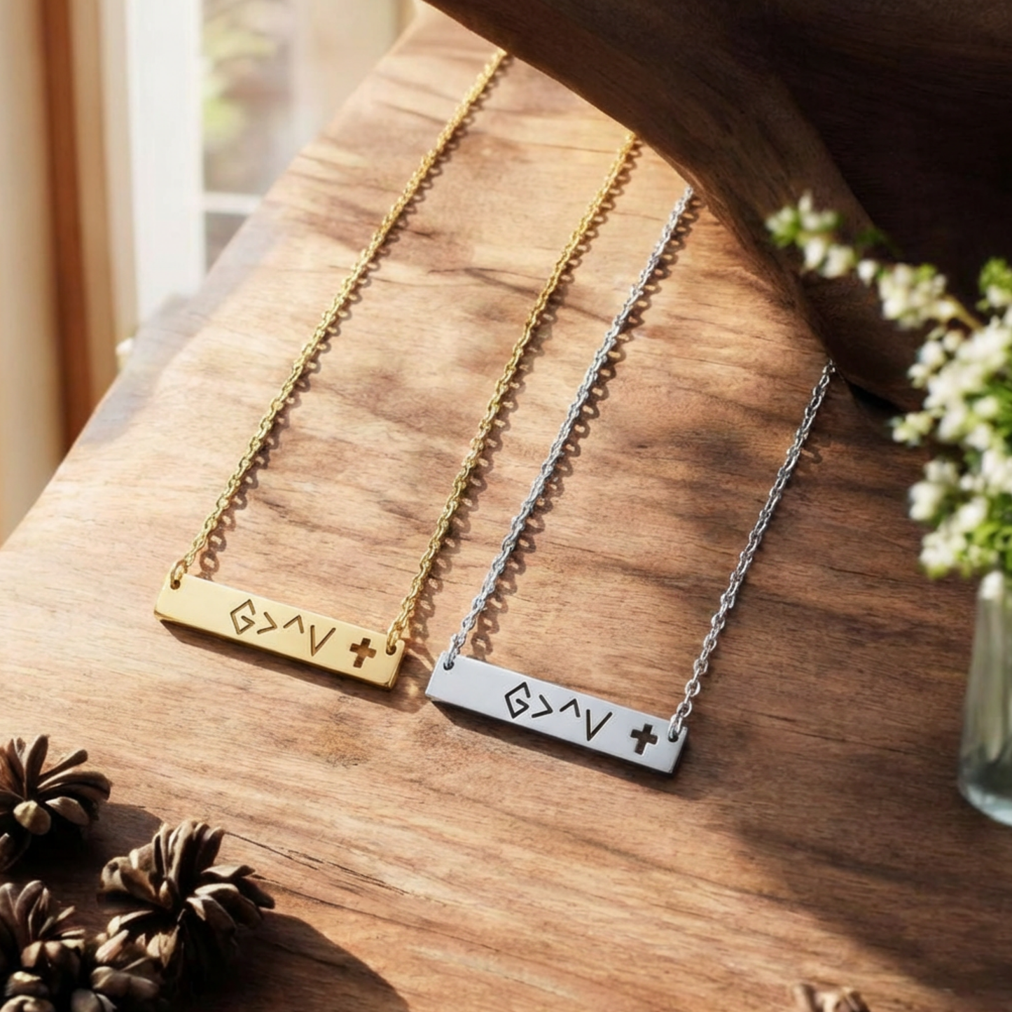 Personalized Cross Cutout Horizontal Bar Necklace In Silver Or Gold With Single Or Double Sided Personalization For Meaningful Faith Jewelry