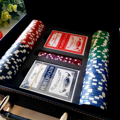 Premium 100 Piece Poker Set In Multiple Colors With leather Case, Clay Composite Chips, Playing Cards, Dealer Button, And Optional Personalized Case