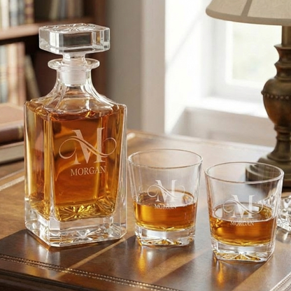 Personalized 750 ML Square Glass Decanter Set With Permanently Marked Design, Dishwasher Safe Barware, Design Your Own Whiskey Or Scotch Decanter