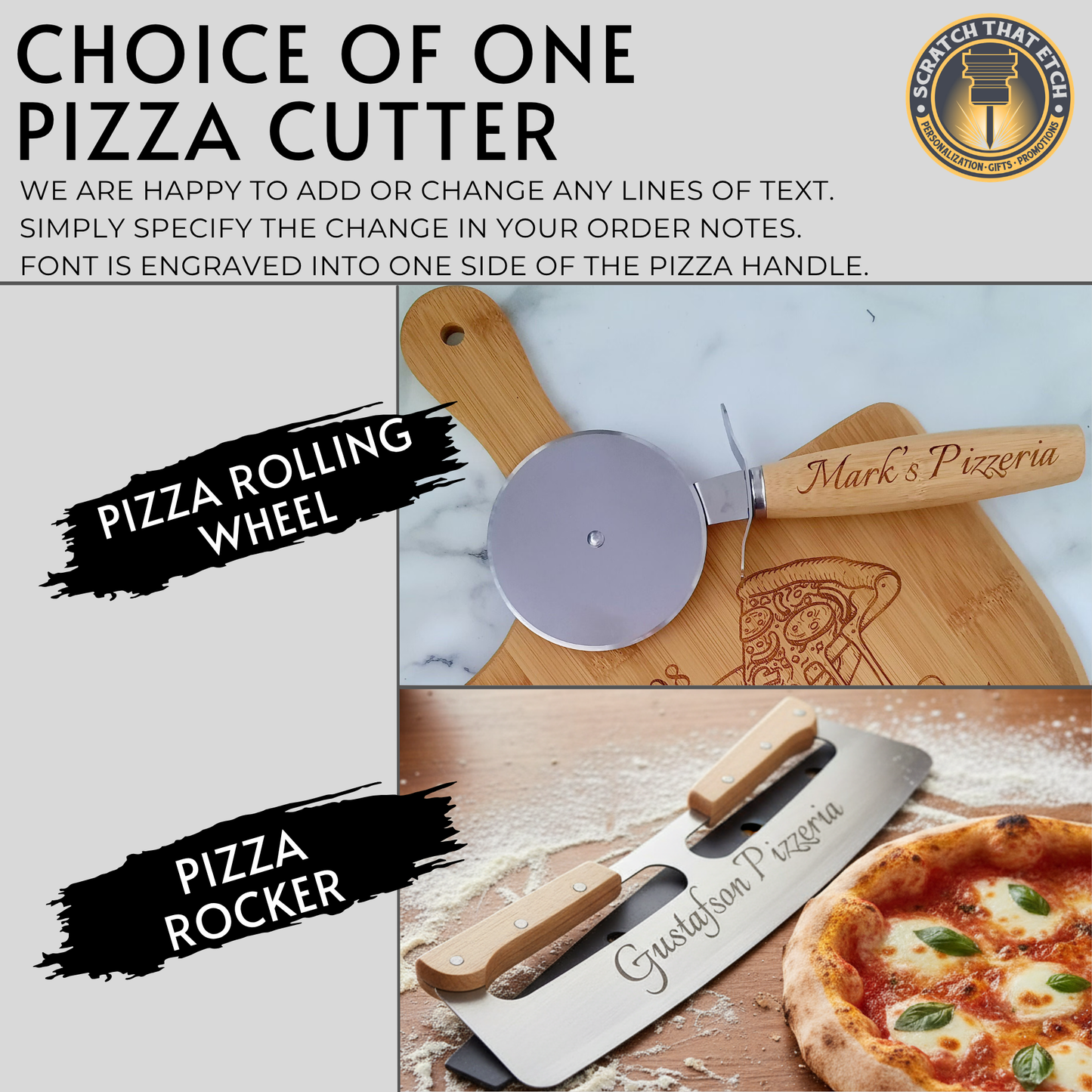 Personalized 2 Pcs Pizza Board With Cutter Set, Engraved Pizza Gift For Pizza Lovers- Choice Of 3 Boards & Two Blades- Custom Pizza Peel Set