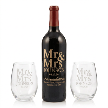 Personalized Sandblasted Wine Bottle Etching With Optional Two 15OZ Stemless Or Two 19OZ Stemmed Glasses For Anniversaries Weddings And Special Memories