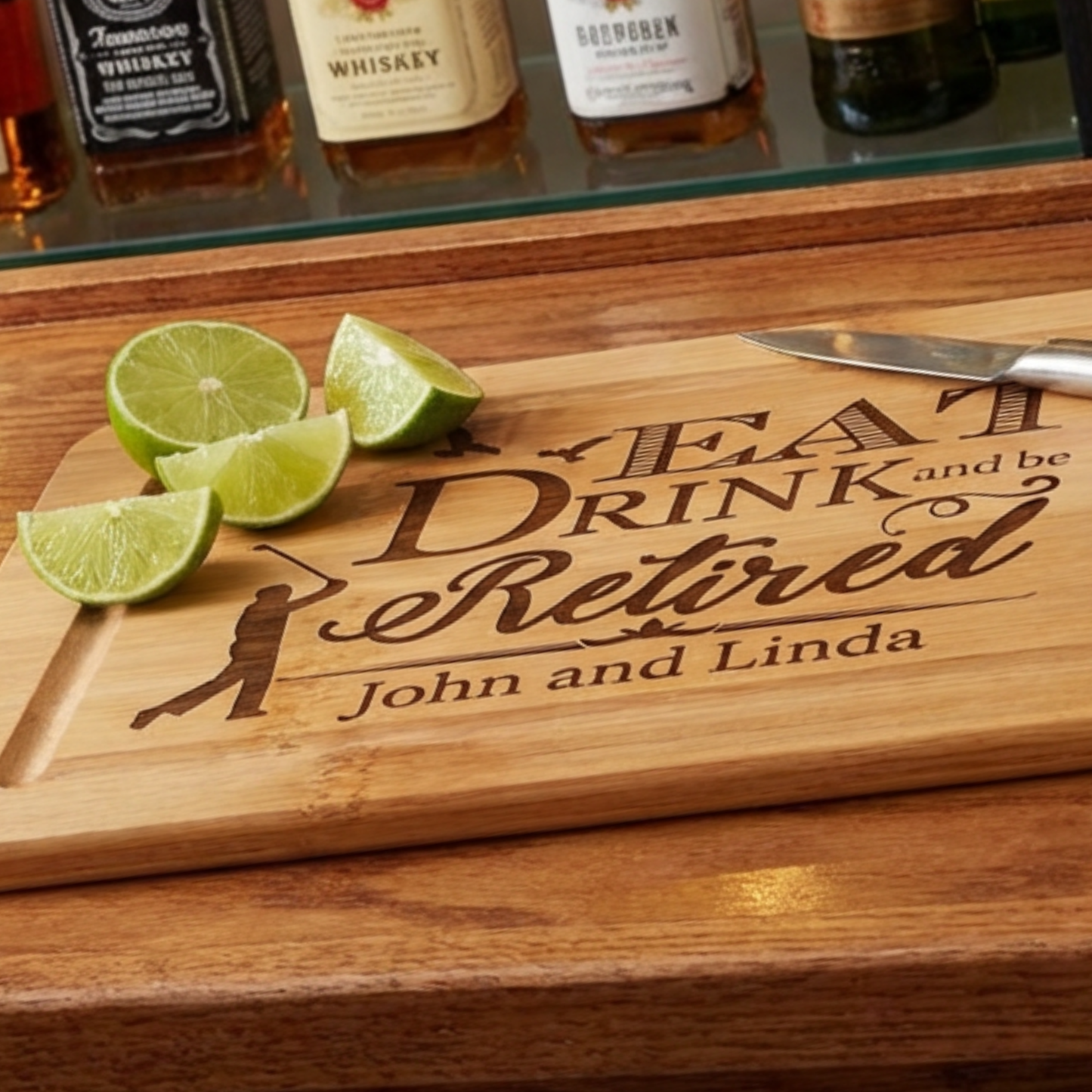 Personalized Eat Drink And Be Retired Cutting Board In Bamboo Or Acacia A Timeless Retirement Keepsake For Kitchen Decor Or Serving Tray