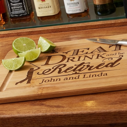 Personalized Eat Drink And Be Retired Cutting Board In Bamboo Or Acacia A Timeless Retirement Keepsake For Kitchen Decor Or Serving Tray