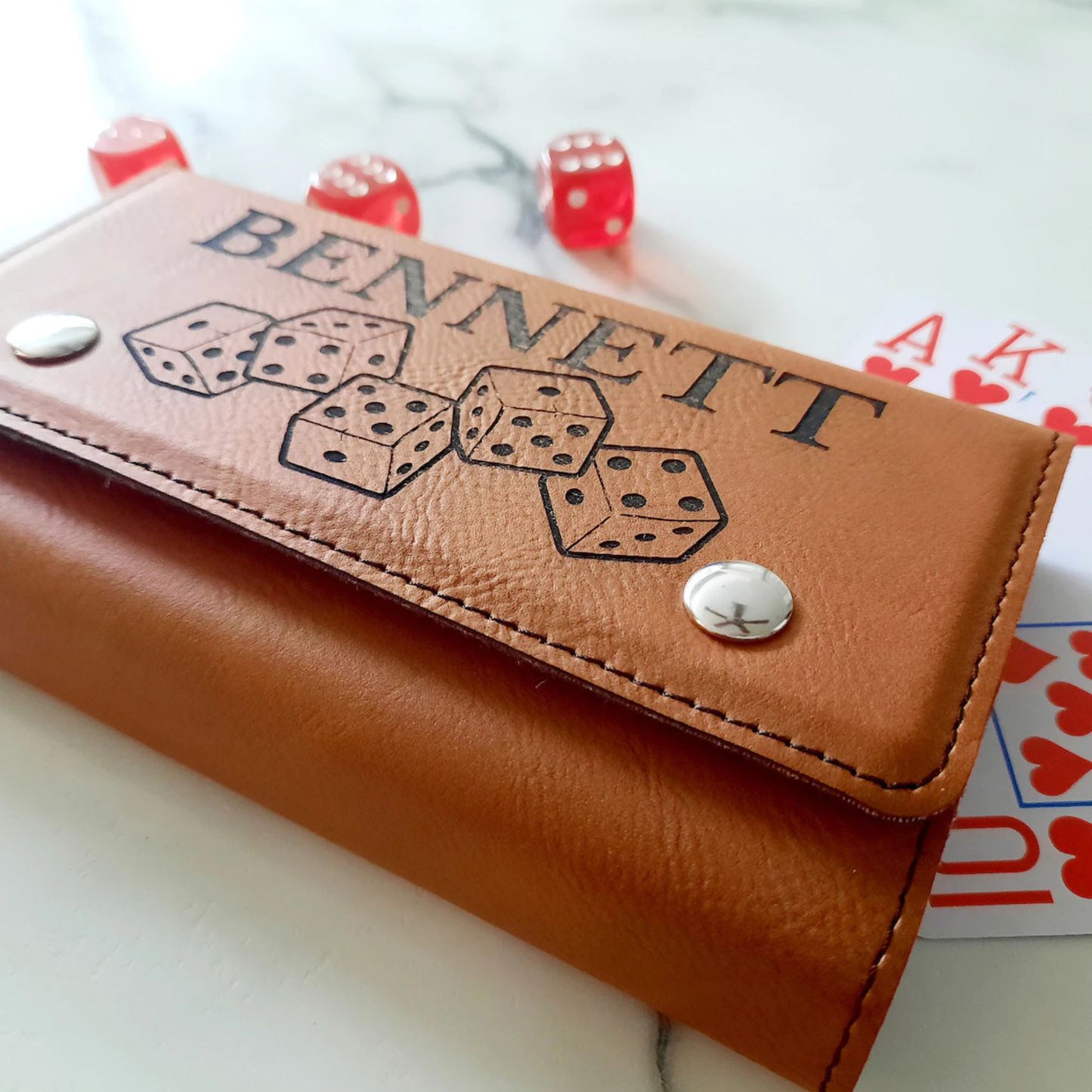 Personalized Leather Card And Dice Set With 2 Decks And 5 Ruby Red Dice For Travel Friendly Poker And Tabletop Play