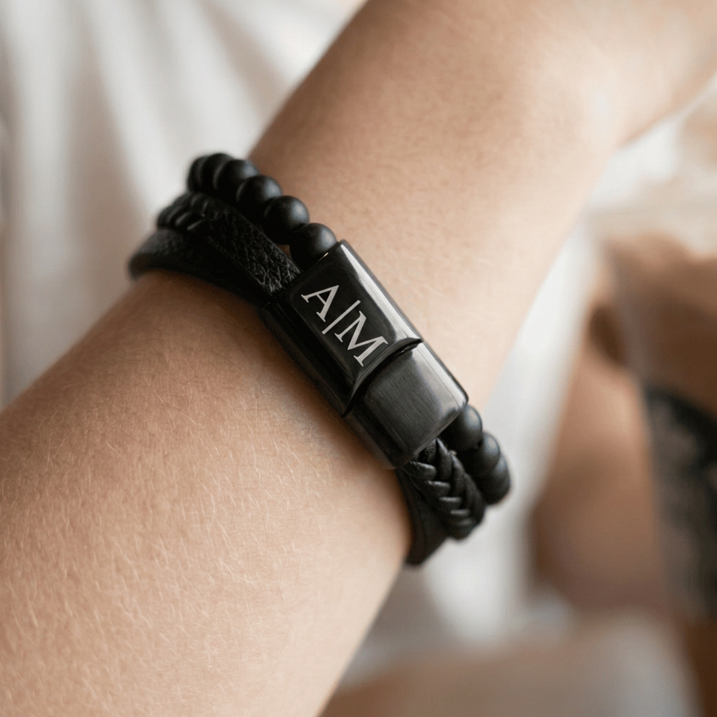 Personalized Three Strand Leather Bracelet With Cross- Engrave On The Magnetic Closure | Black Or Brown, Add Initials, Date, Or Coordinates