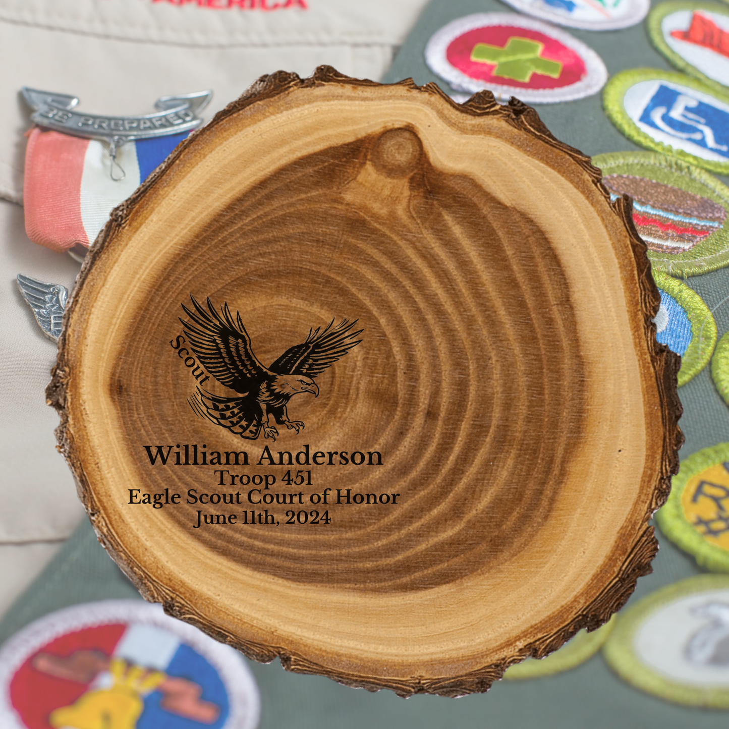 Personalized Scouting Court Of Honor Guest Book On Natural Wood Slice Made In USA Rustic Blue And Gold Keepsake In Medium Or Large