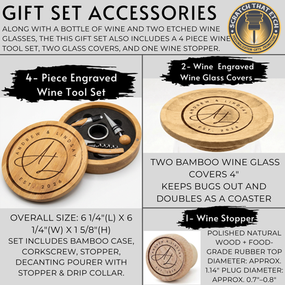 Luxury Personalized Wine Gift Set Custom Sandblasted Wine Bottle with Gold Inlay, Etched Glasses & Wine Accessories- Wedding, Anniversary, Special Memories Keepsake
