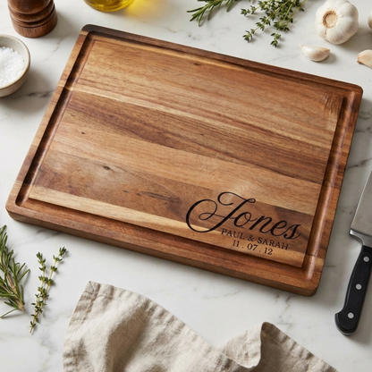 Personalized Bamboo Or Acacia Chopping Block Cutting Board, Thick Sturdy And Solid Charcuterie And Serving Board In Medium Or Large, Family Name Kitchen Decor