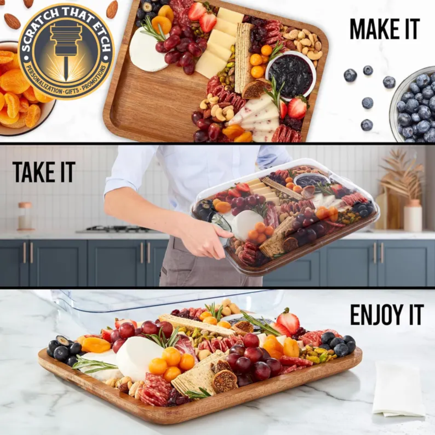 Personalized charcuterie serving build-a-board with secure locking clear plastic lid for easy transport and mess free entertaining