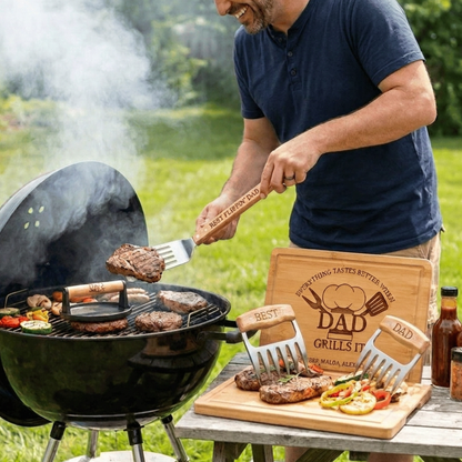 Personalized "Everything Tastes Better When" BBQ Gift Set For Dad Or Grandpa With Bamboo Cutting Board, Meat Claws, Spatula, And Cast Iron Meat Press- Choose Your Gift Set For The Perfect Gift