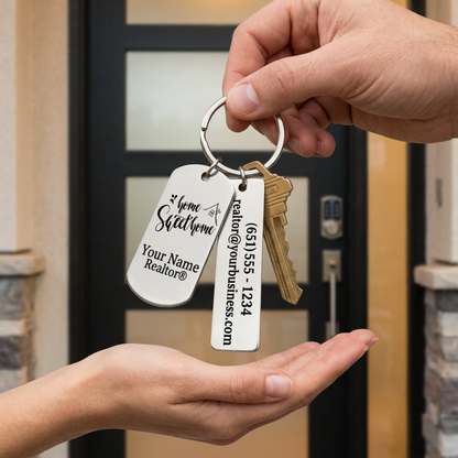 Premium metal REALTOR marketing keychain with personalized double sided rectangle tags for elevated branding with QR code & 12 Design Options