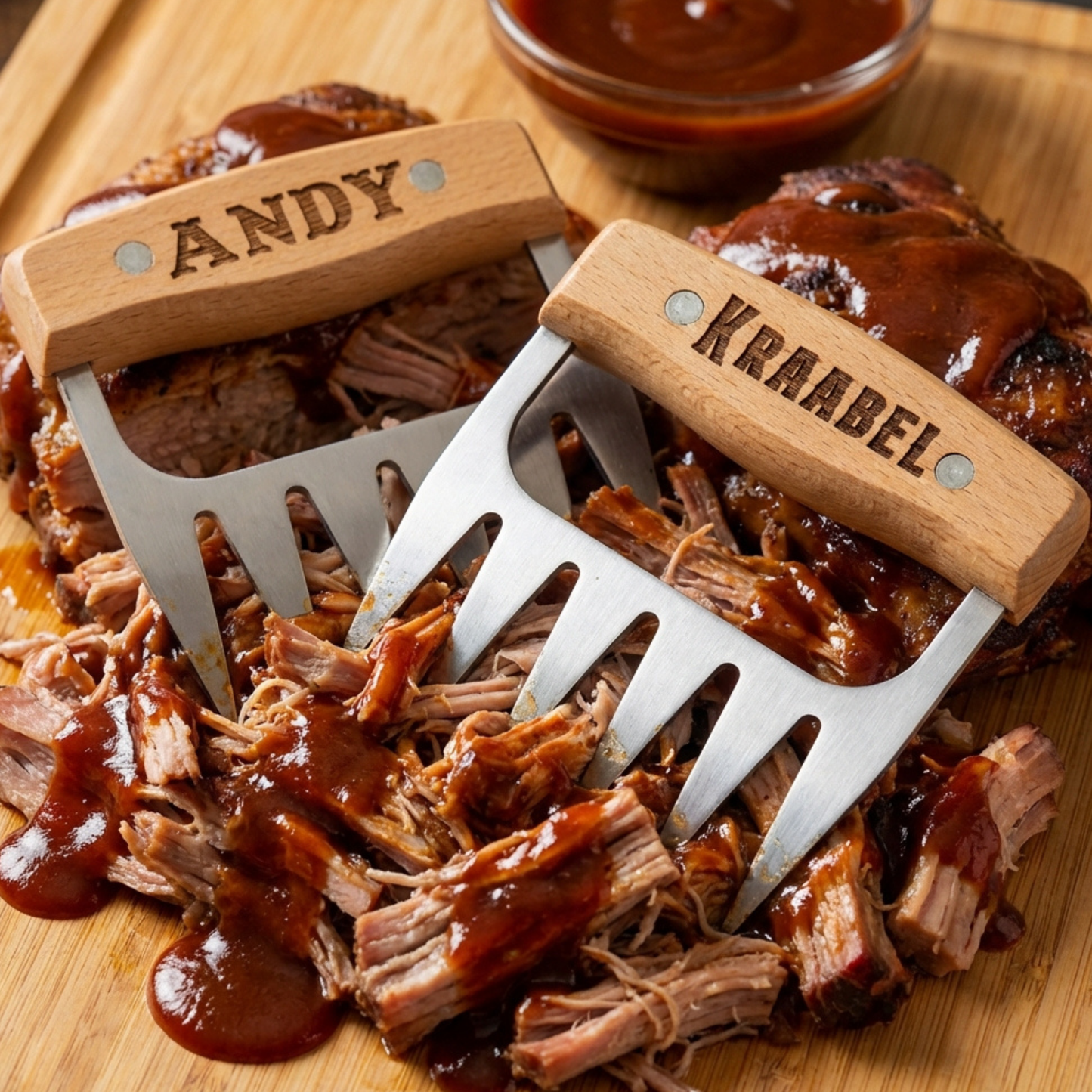 Personalized Stainless Steel BBQ Meat Shredder Claws With Short Natural Wood Handles Name Or Logo On One Or Both Claws