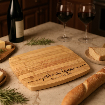 Family Name Personalized Cutting Board In Bamboo Or Acacia — Heirloom Serving Board For Weddings, Housewarmings, And Anniversaries — Kitchen-Ready Keepsake That Elevates Entertaining And Celebrates Your Home