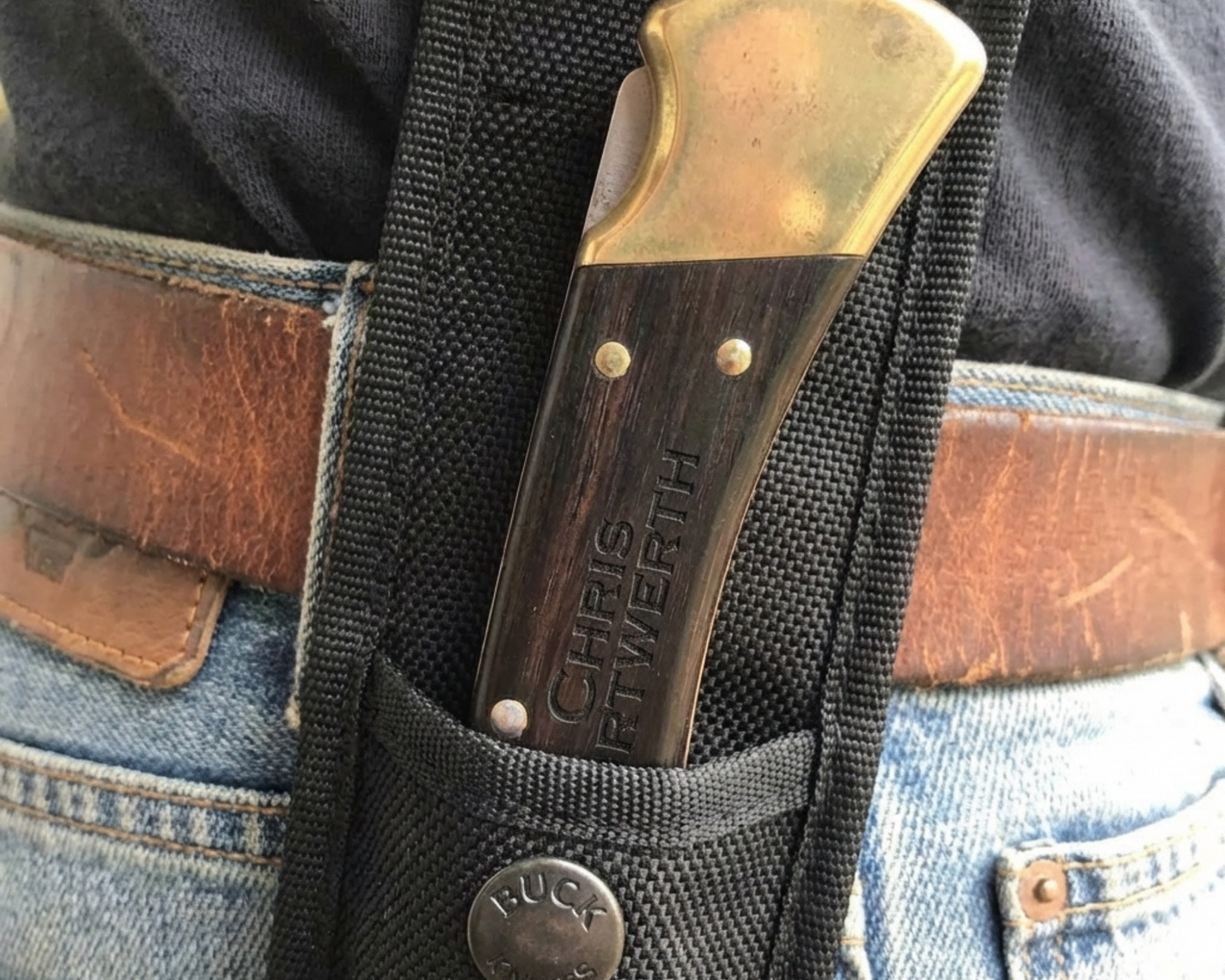 Personalized Buck 110 Folding Hunter Knife 420HC Steel Clip Point Ebony Handle Brass Bolsters With Black Leather Sheath For Camping Hunting And Eagle Scouts