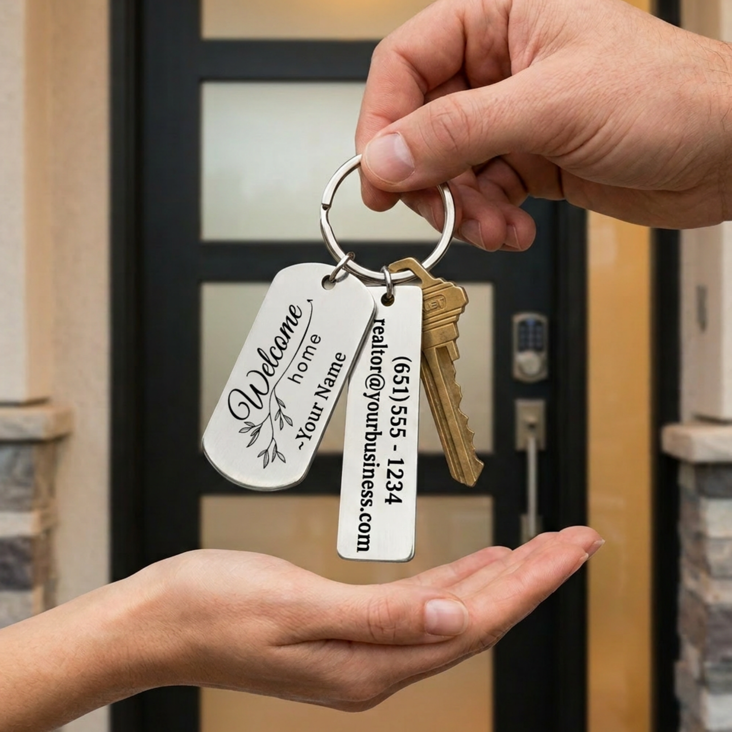 Premium metal REALTOR marketing keychain with personalized double sided rectangle tags for elevated branding with QR code & 12 Design Options