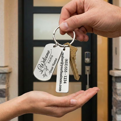 Premium metal REALTOR marketing keychain with personalized double sided rectangle tags for elevated branding with QR code & 12 Design Options