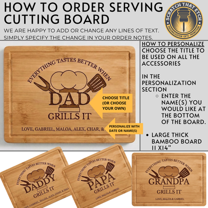 Personalized "Everything Tastes Better When" BBQ Gift Set For Dad Or Grandpa With Bamboo Cutting Board, Meat Claws, Spatula, And Cast Iron Meat Press- Choose Your Gift Set For The Perfect Gift