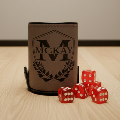 Personalized Leather Dice Cup With 5 Ruby Red Dice And Secure Snap Shut Storage For DND RPG And Game Night